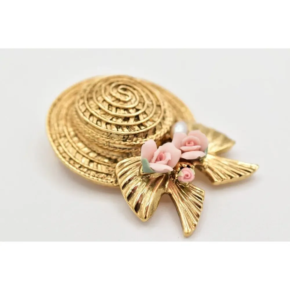 1928 Vintage Sun Hat Brooch Pin Pearl Pink Rose Bow Gold Chunky 1980s BinBK
